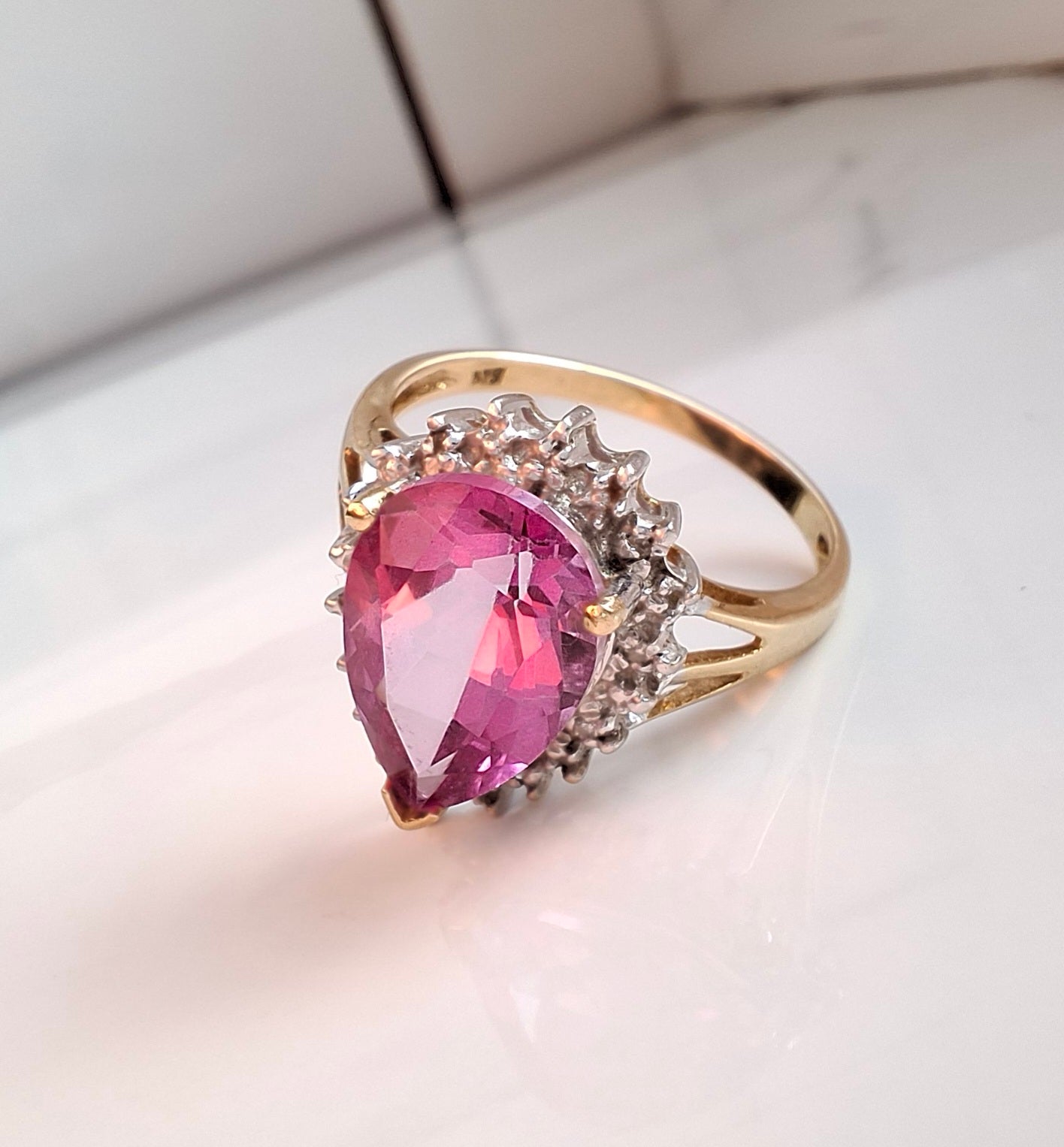 Pink Topaz & Diamond Halo Ring