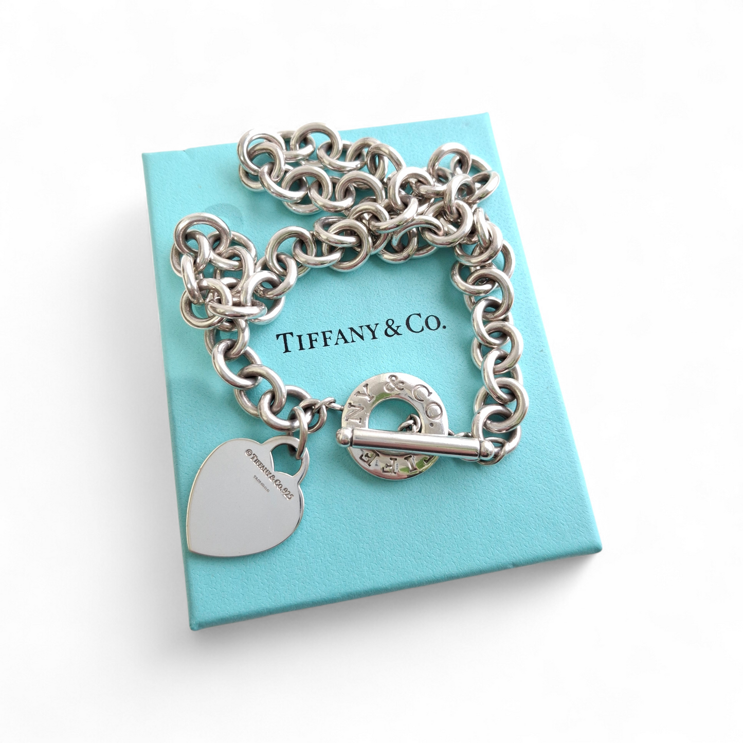 Vintage Tiffany & Co. Hallmarked Sterling Silver Heart Charm Toggle Necklace with Pouch and Box