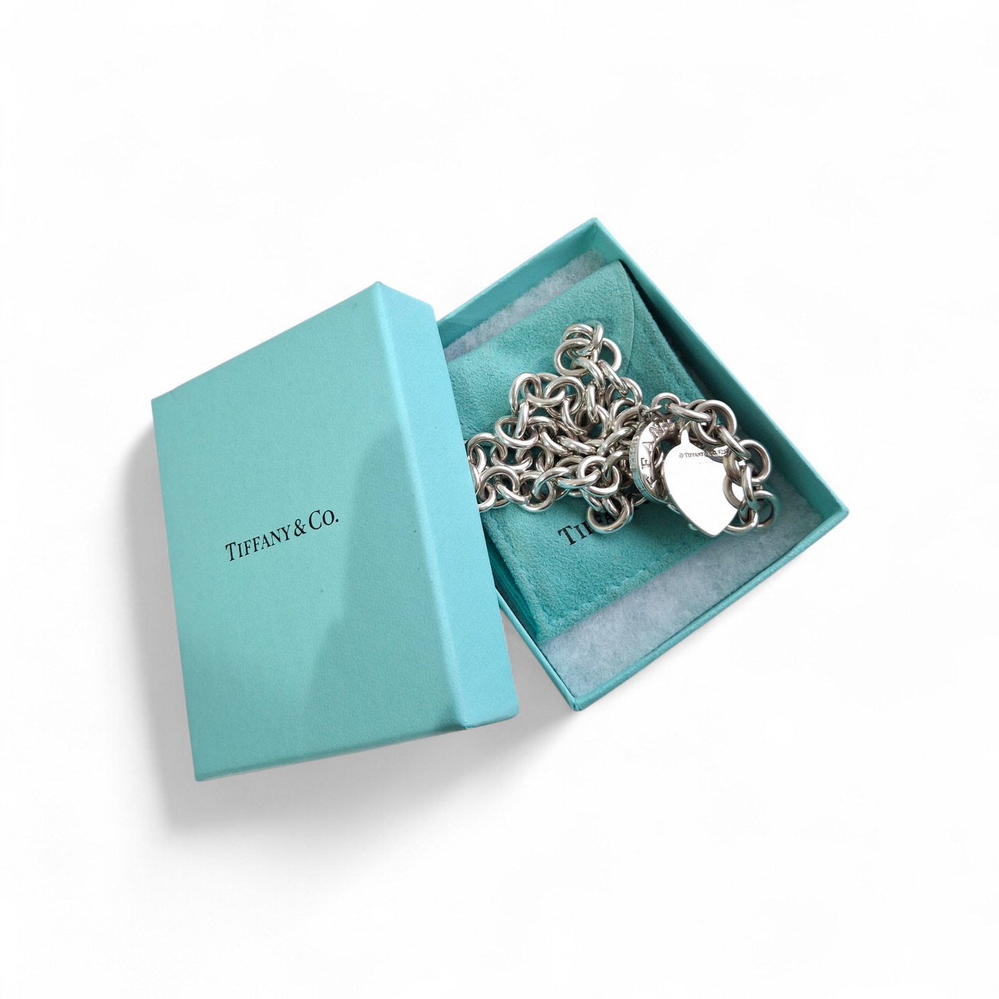 Vintage Tiffany & Co. Hallmarked Sterling Silver Heart Charm Toggle Necklace with Pouch and Box
