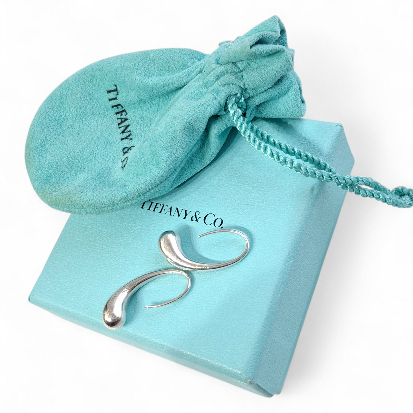 Elsa Peretti Teardrop Hoop Earrings in Sterling Silver With Tiffany & Co Pouch and Box