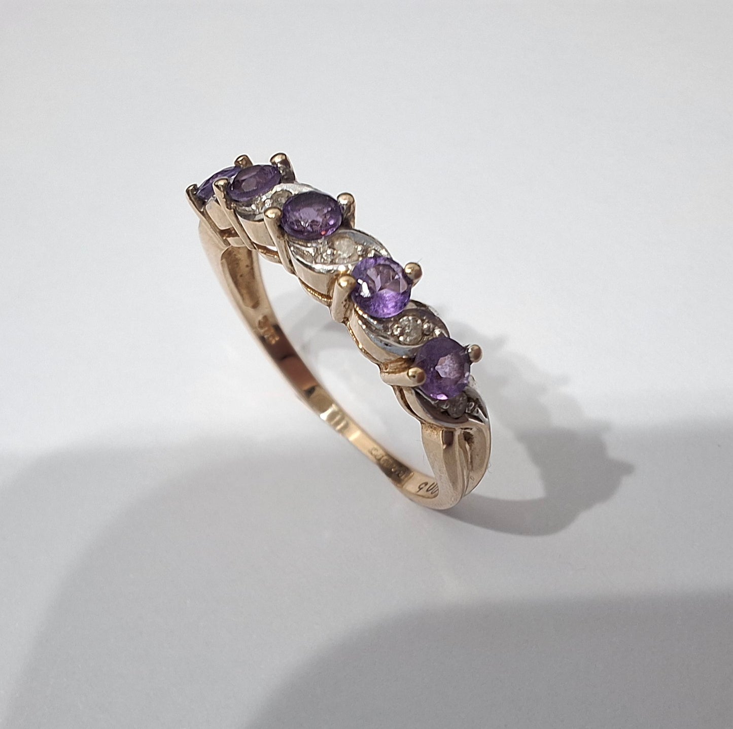 Vintage Gold Amethyst & Diamond Half Eternity Band Ring