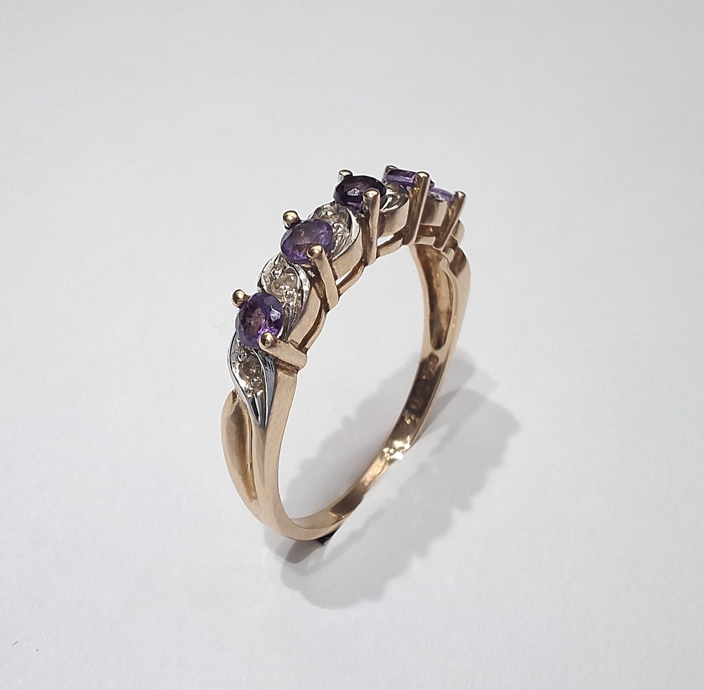 Vintage Gold Amethyst & Diamond Half Eternity Band Ring