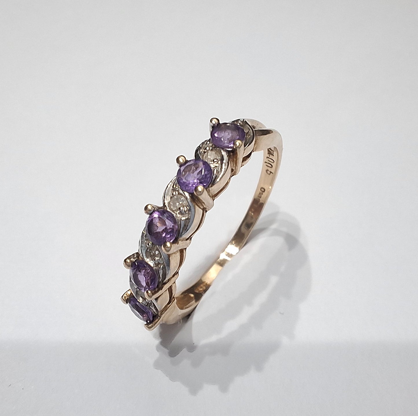 Vintage Gold Amethyst & Diamond Half Eternity Band Ring
