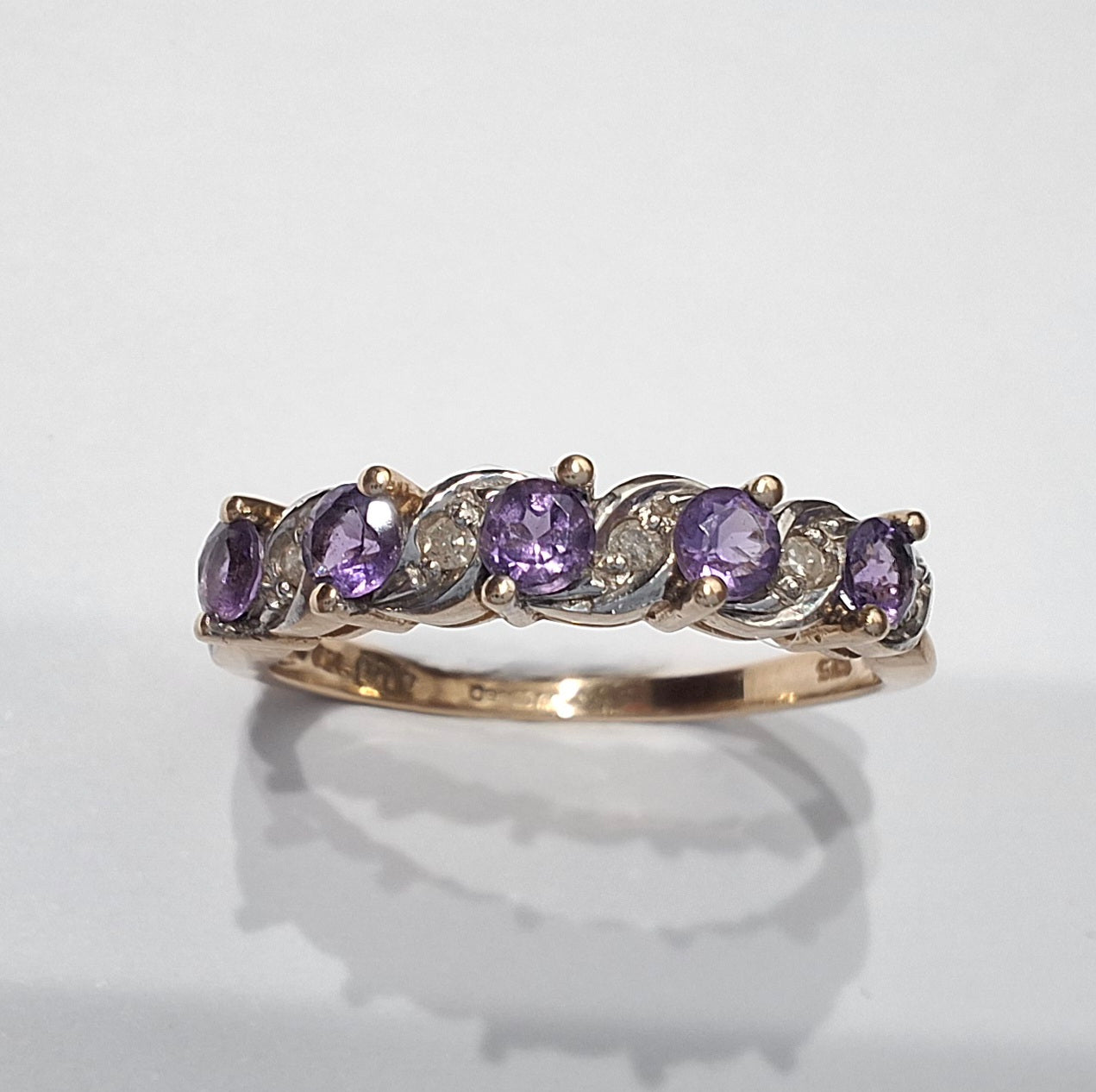 Vintage Gold Amethyst & Diamond Half Eternity Band Ring