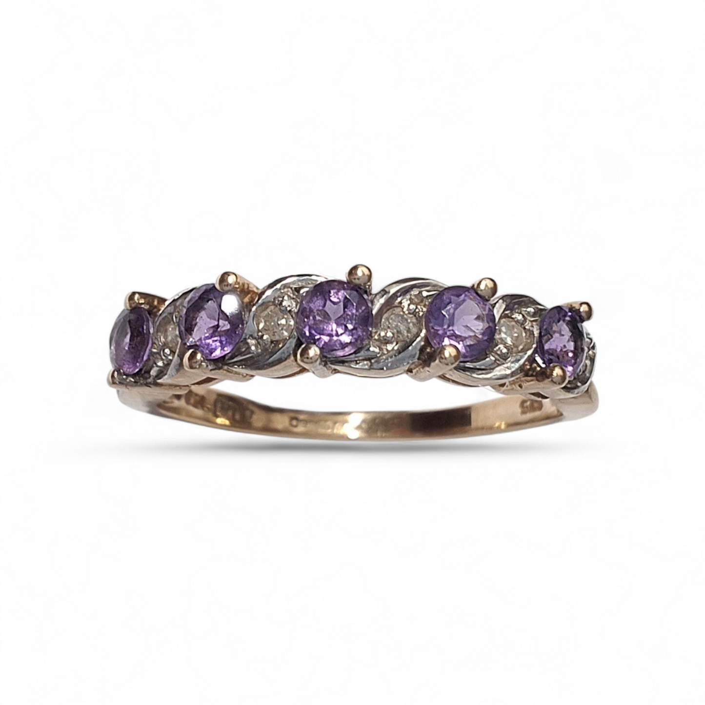 Vintage Gold Amethyst & Diamond Half Eternity Band Ring