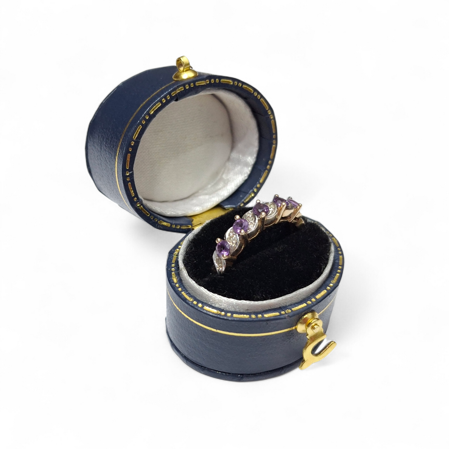 Vintage Gold Amethyst & Diamond Half Eternity Band Ring
