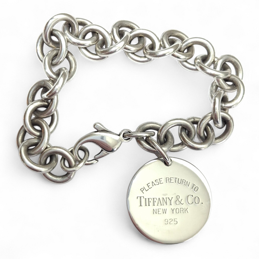 Vintage Return to Tiffany & Co Round Tag Charm Bracelet in Solid Hallmarked 925 Sterling Silver