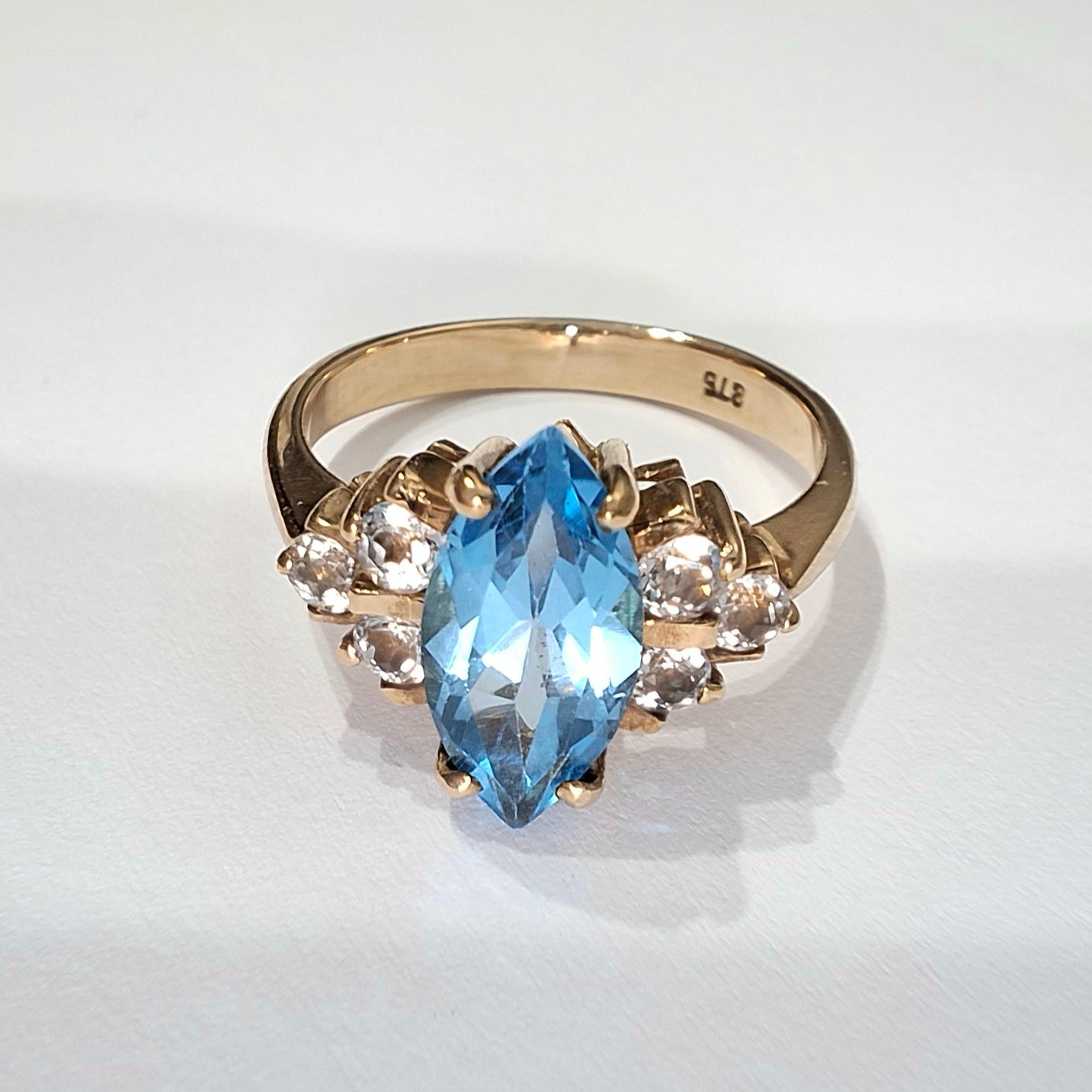 Vintage Marquise Cut Swiss Blue Topaz & Diamond Ring