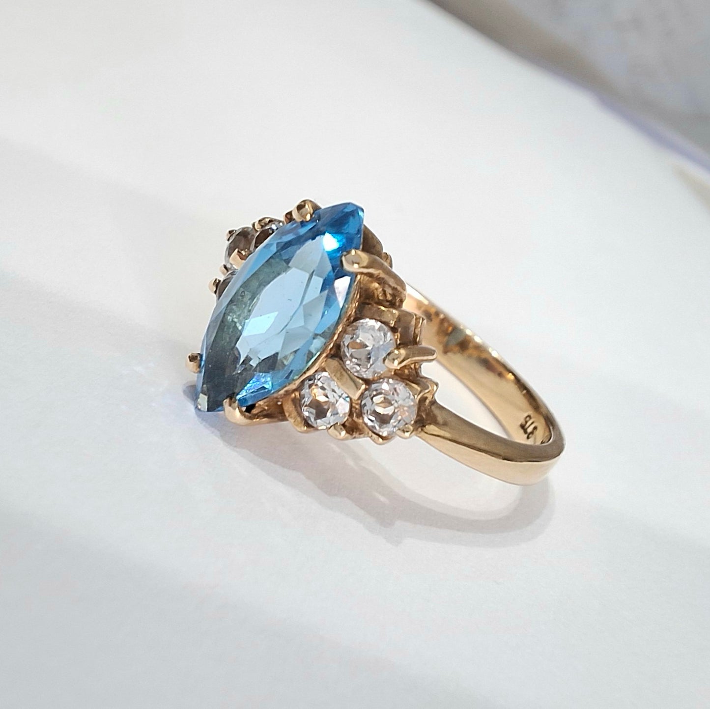 Vintage Marquise Cut Swiss Blue Topaz & Diamond Ring