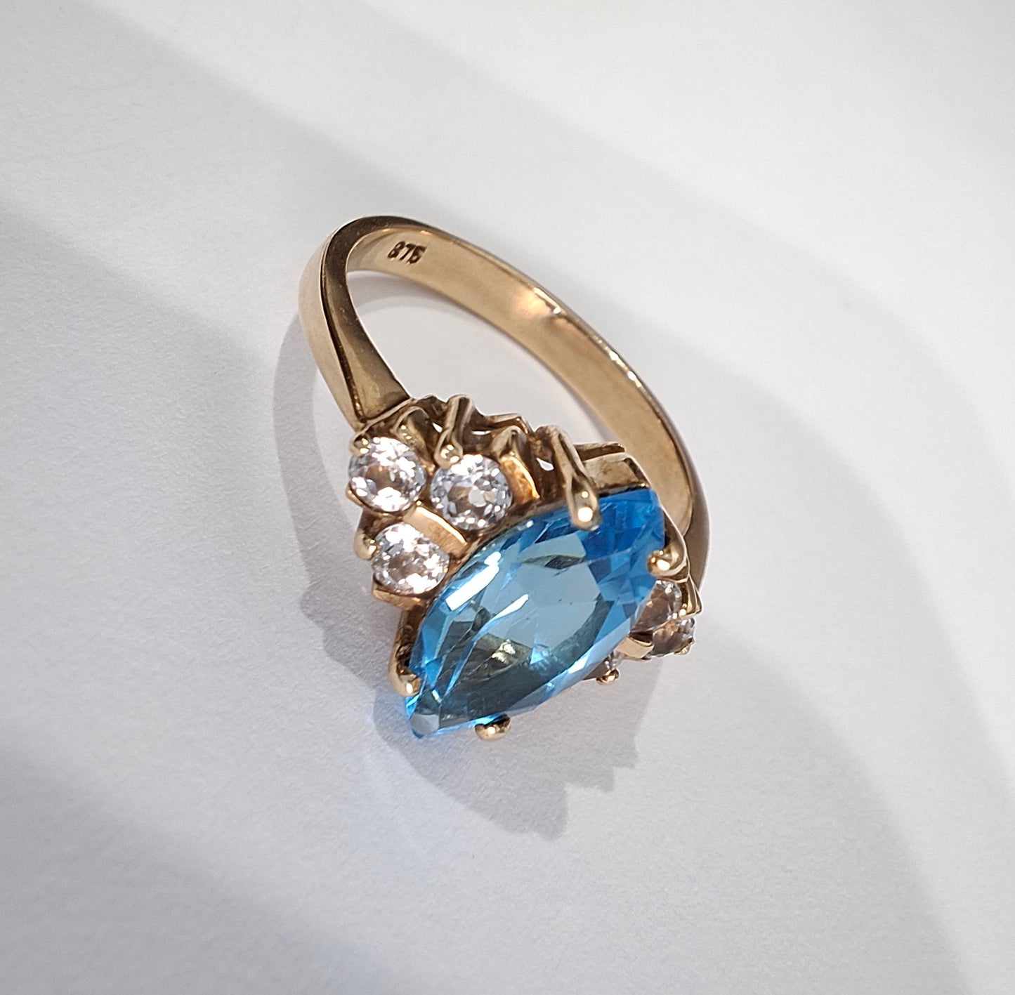 Vintage Marquise Cut Swiss Blue Topaz & Diamond Ring