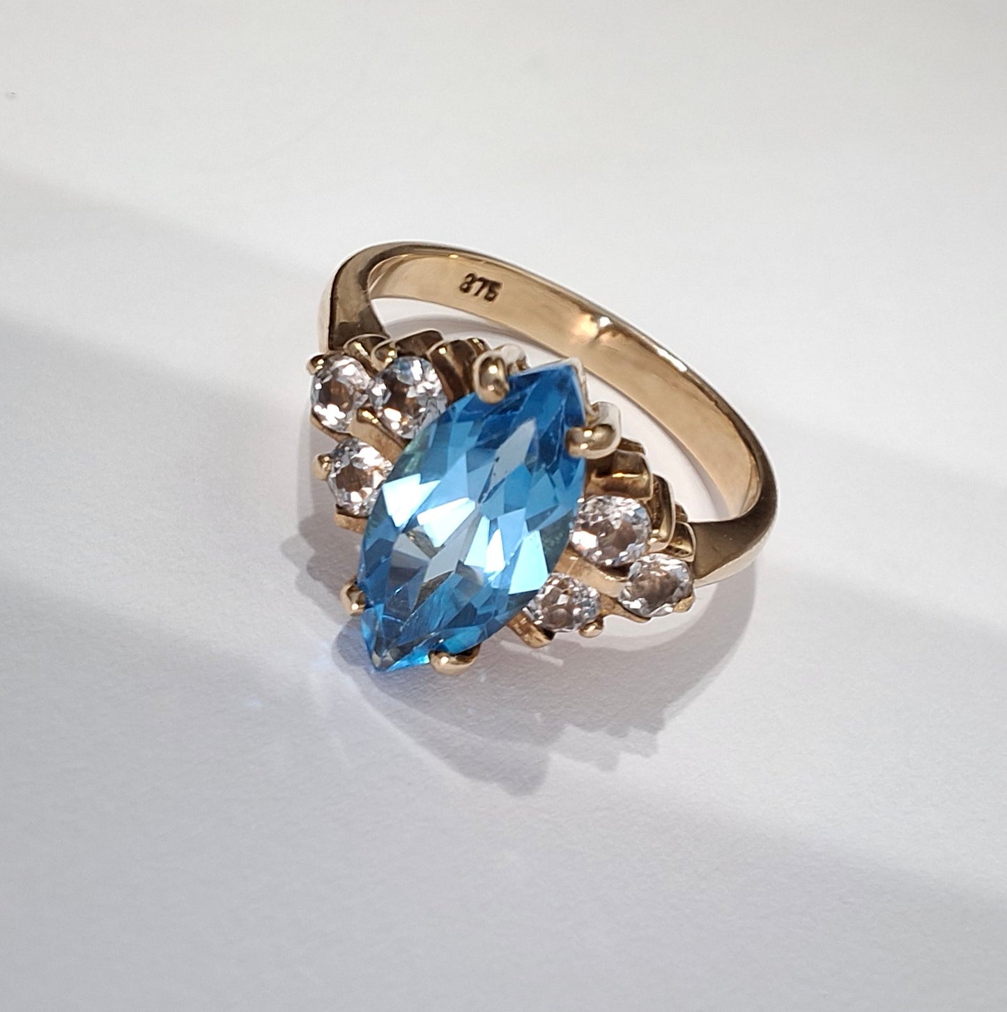 Vintage Marquise Cut Swiss Blue Topaz & Diamond Ring
