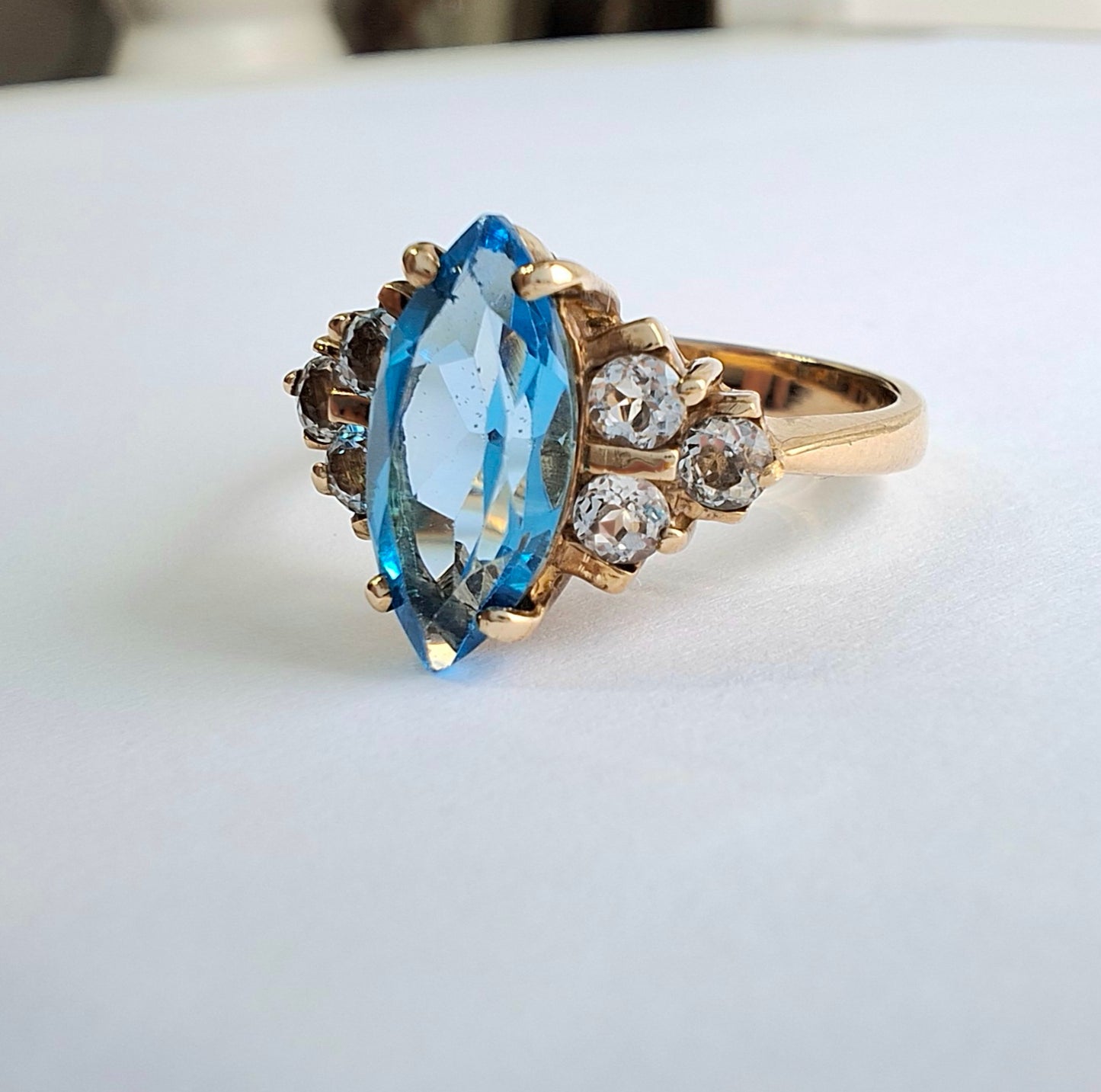 Vintage Marquise Cut Swiss Blue Topaz & Diamond Ring