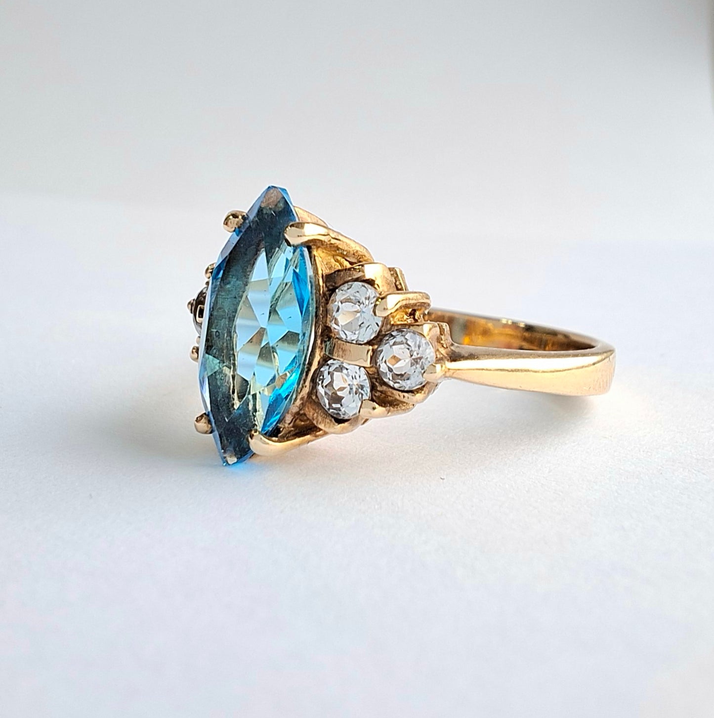 Vintage Marquise Cut Swiss Blue Topaz & Diamond Ring