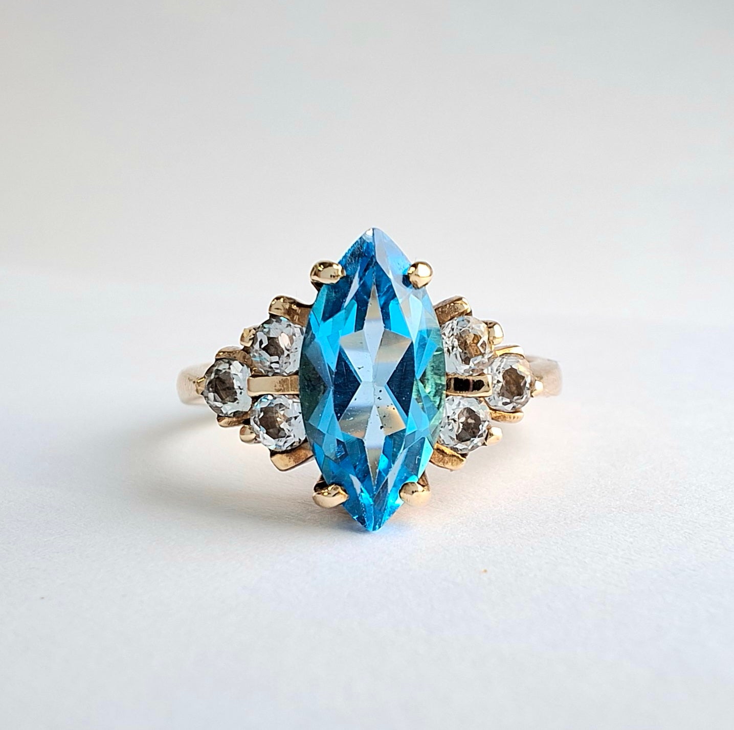 Vintage Marquise Cut Swiss Blue Topaz & Diamond Ring