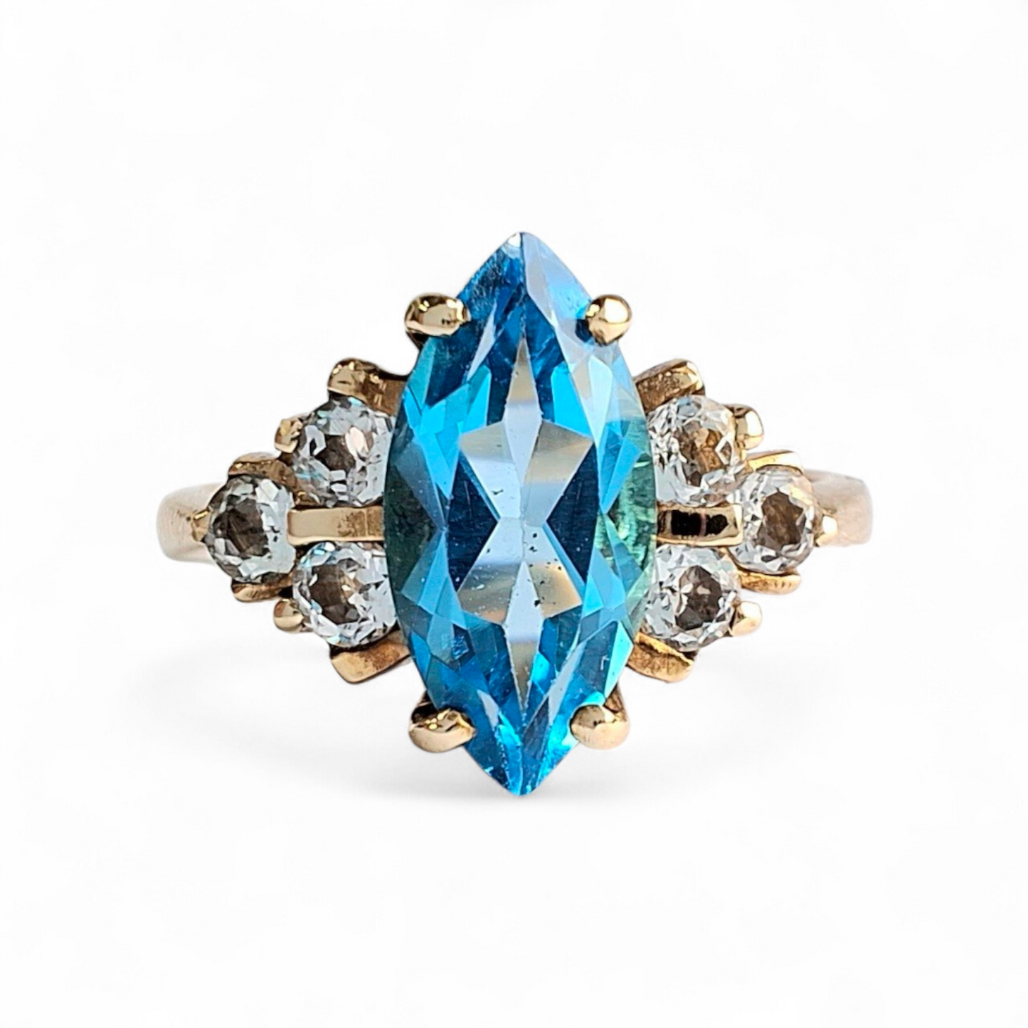 Vintage Marquise Cut Swiss Blue Topaz & Diamond Ring