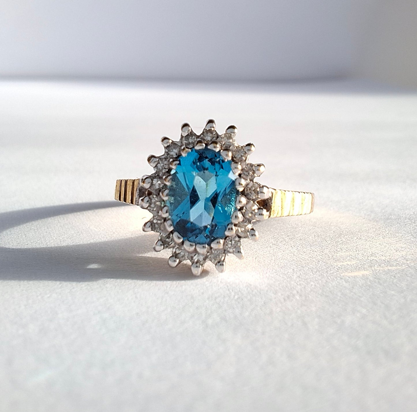 Vintage Swiss Blue Topaz & Diamond 9ct Gold Ring