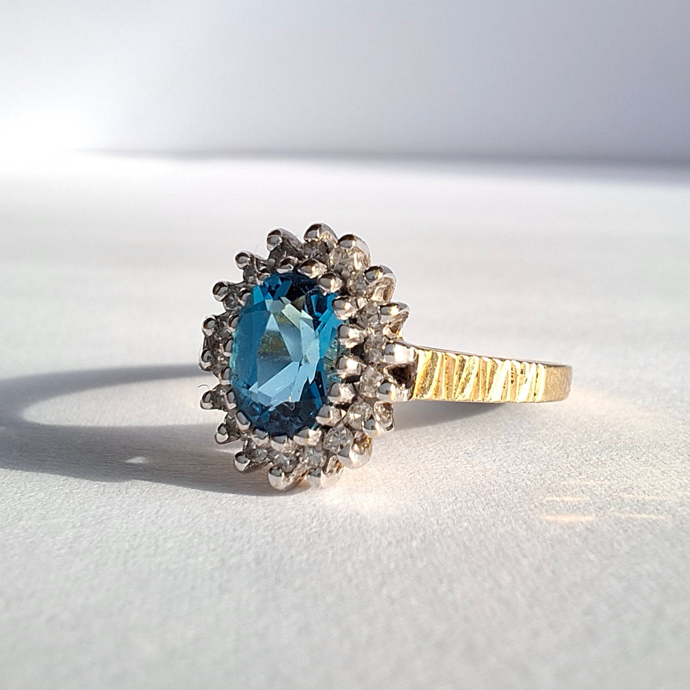 Vintage Swiss Blue Topaz & Diamond 9ct Gold Ring
