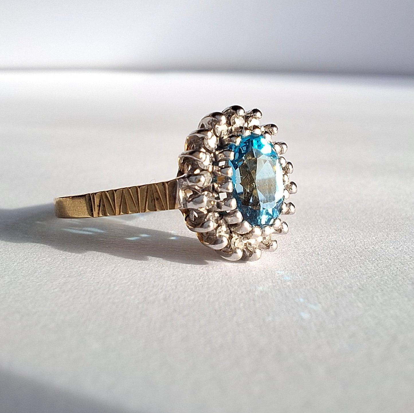Vintage Swiss Blue Topaz & Diamond 9ct Gold Ring