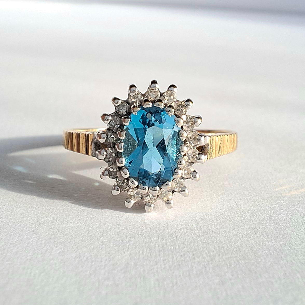 Vintage Swiss Blue Topaz & Diamond 9ct Gold Ring