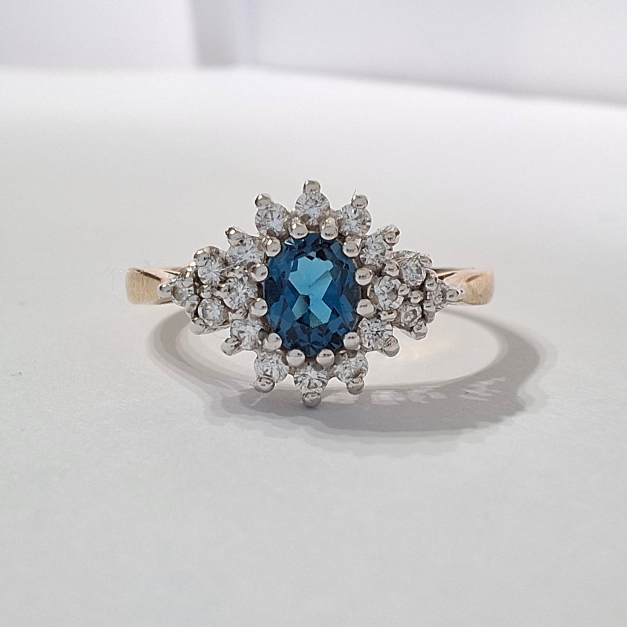 9ct Gold London Blue Topaz & Crystal Halo Ring