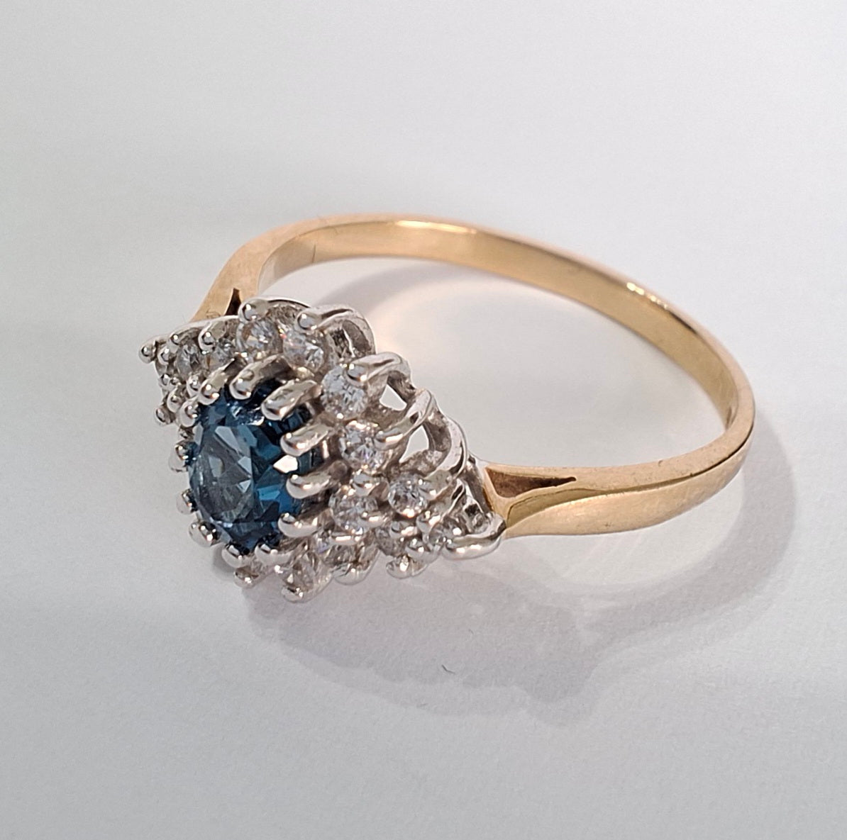 9ct Gold London Blue Topaz & Crystal Halo Ring