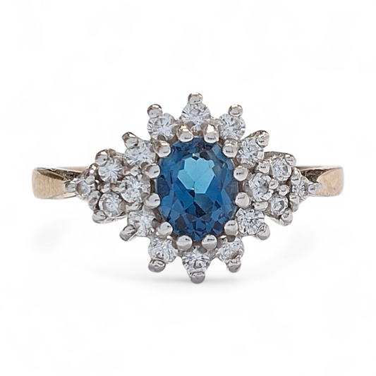 9ct Gold London Blue Topaz & Crystal Halo Ring