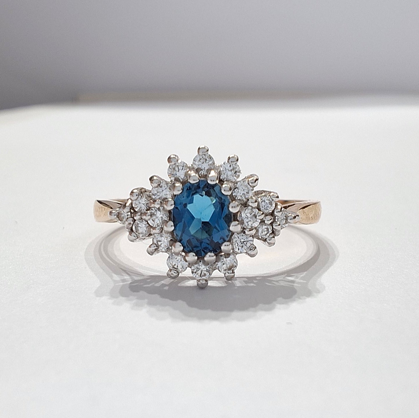 9ct Gold London Blue Topaz & Crystal Halo Ring