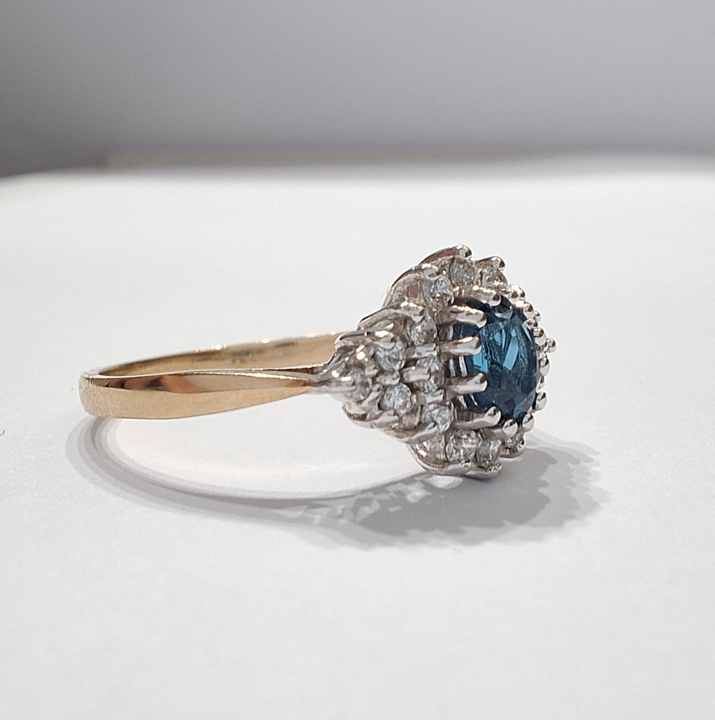 9ct Gold London Blue Topaz & Crystal Halo Ring
