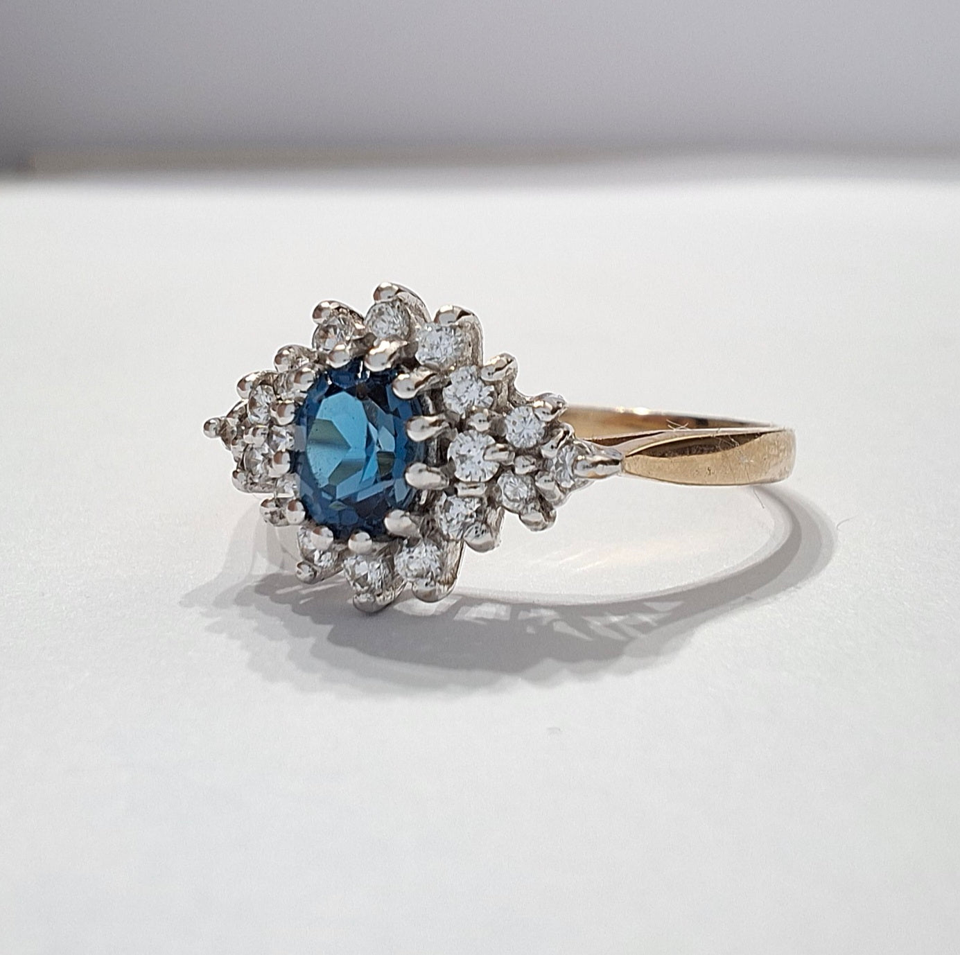 9ct Gold London Blue Topaz & Crystal Halo Ring