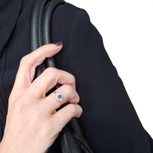 9ct Gold London Blue Topaz & Crystal Halo Ring