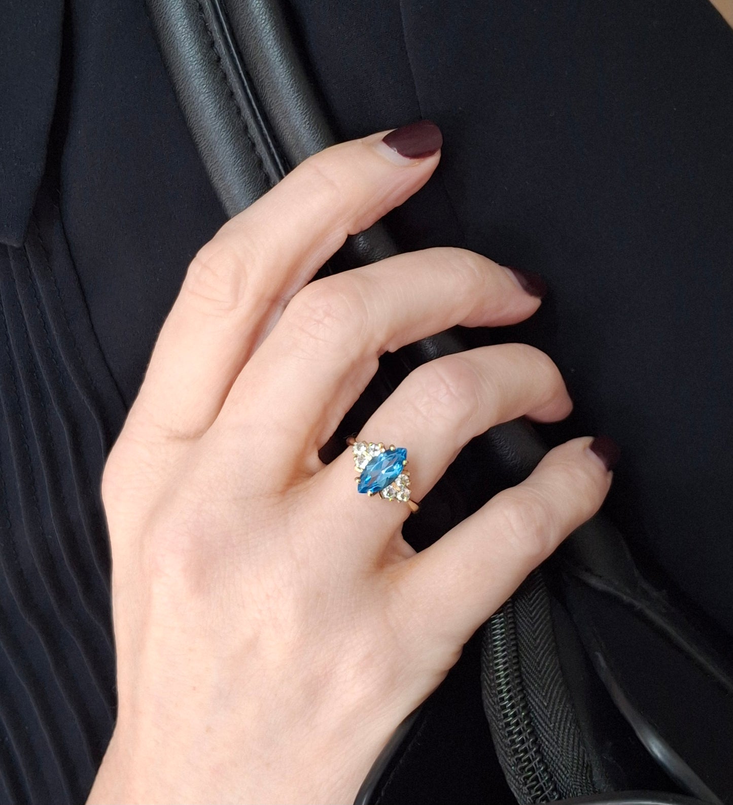 Vintage Marquise Cut Swiss Blue Topaz & Diamond Ring