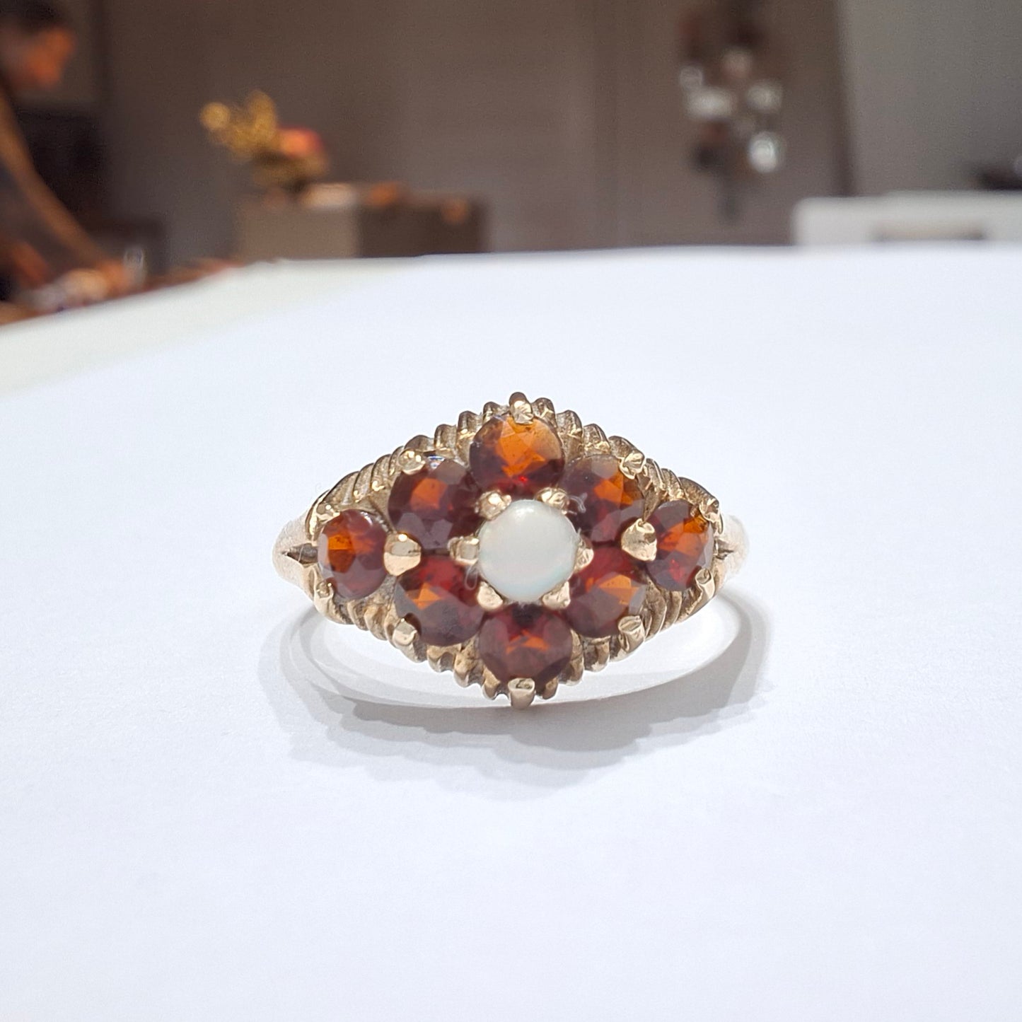 Vintage 9ct Gold Garnet & Opal Cluster Ring