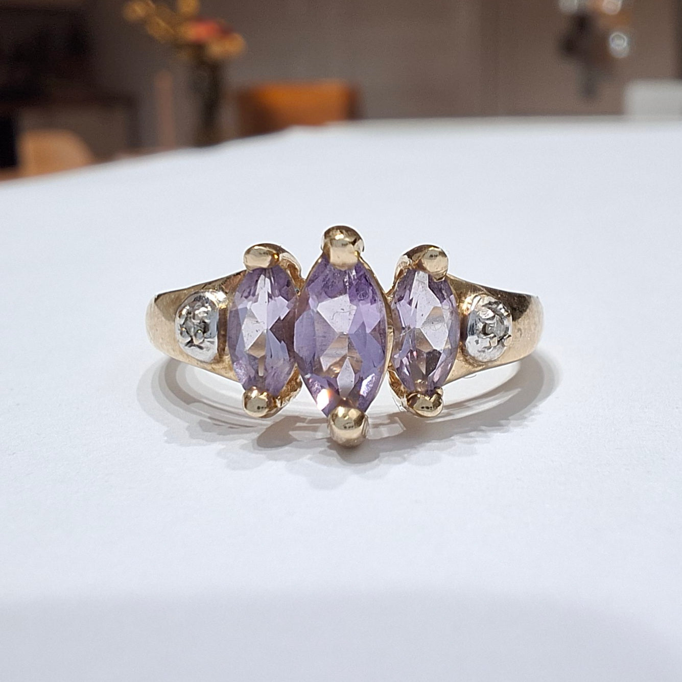 Vintage 9ct Gold Amethyst & Diamond Trilogy Ring