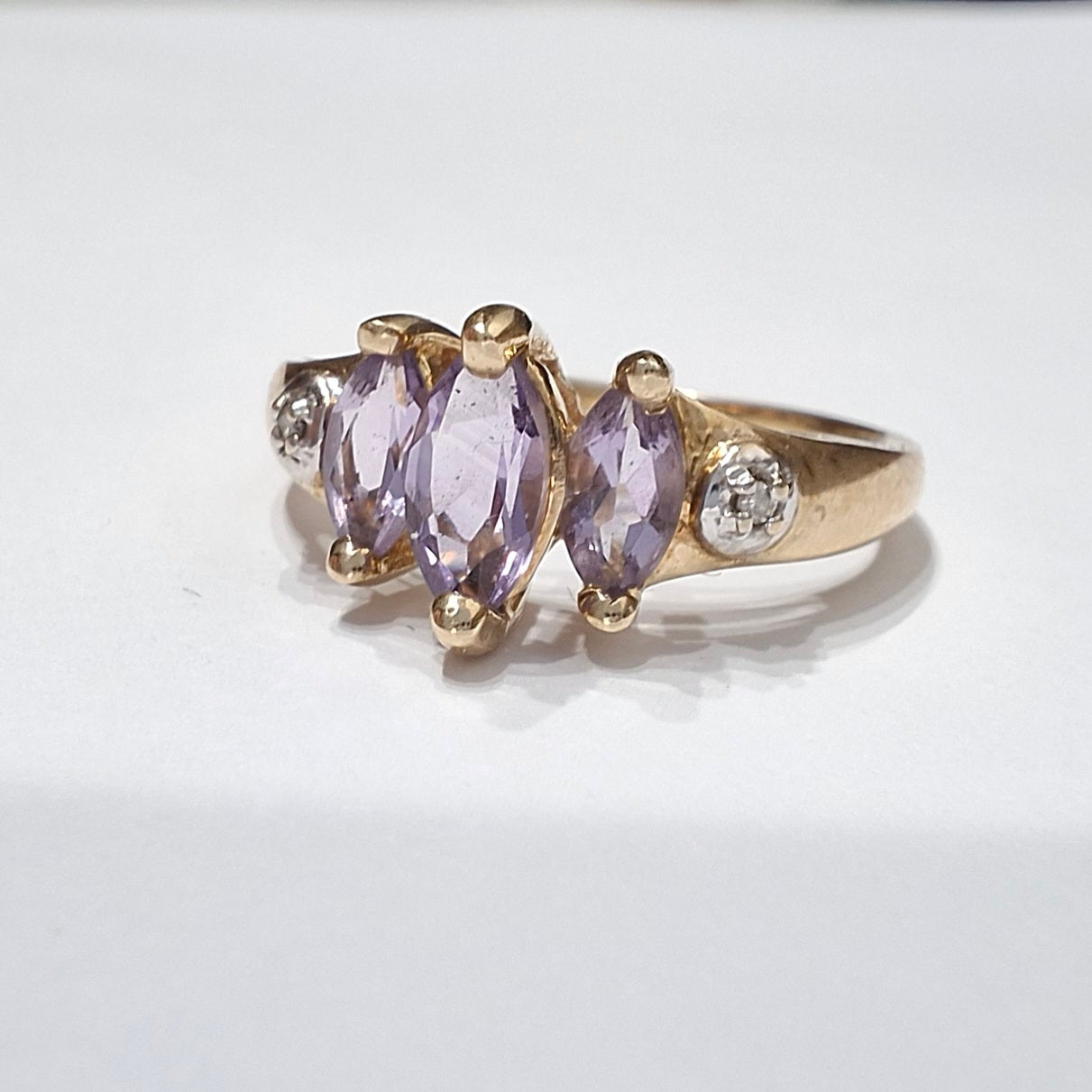 Vintage 9ct Gold Amethyst & Diamond Trilogy Ring