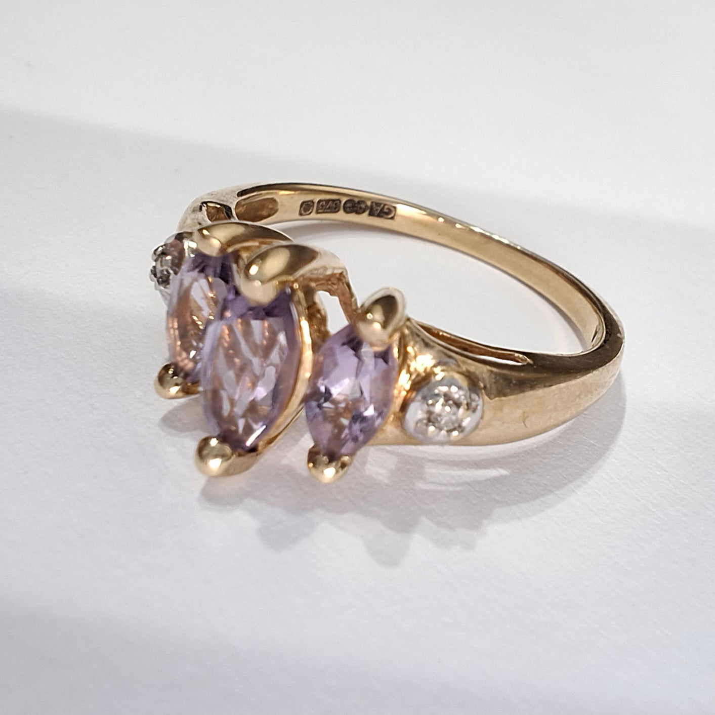 Vintage 9ct Gold Amethyst & Diamond Trilogy Ring