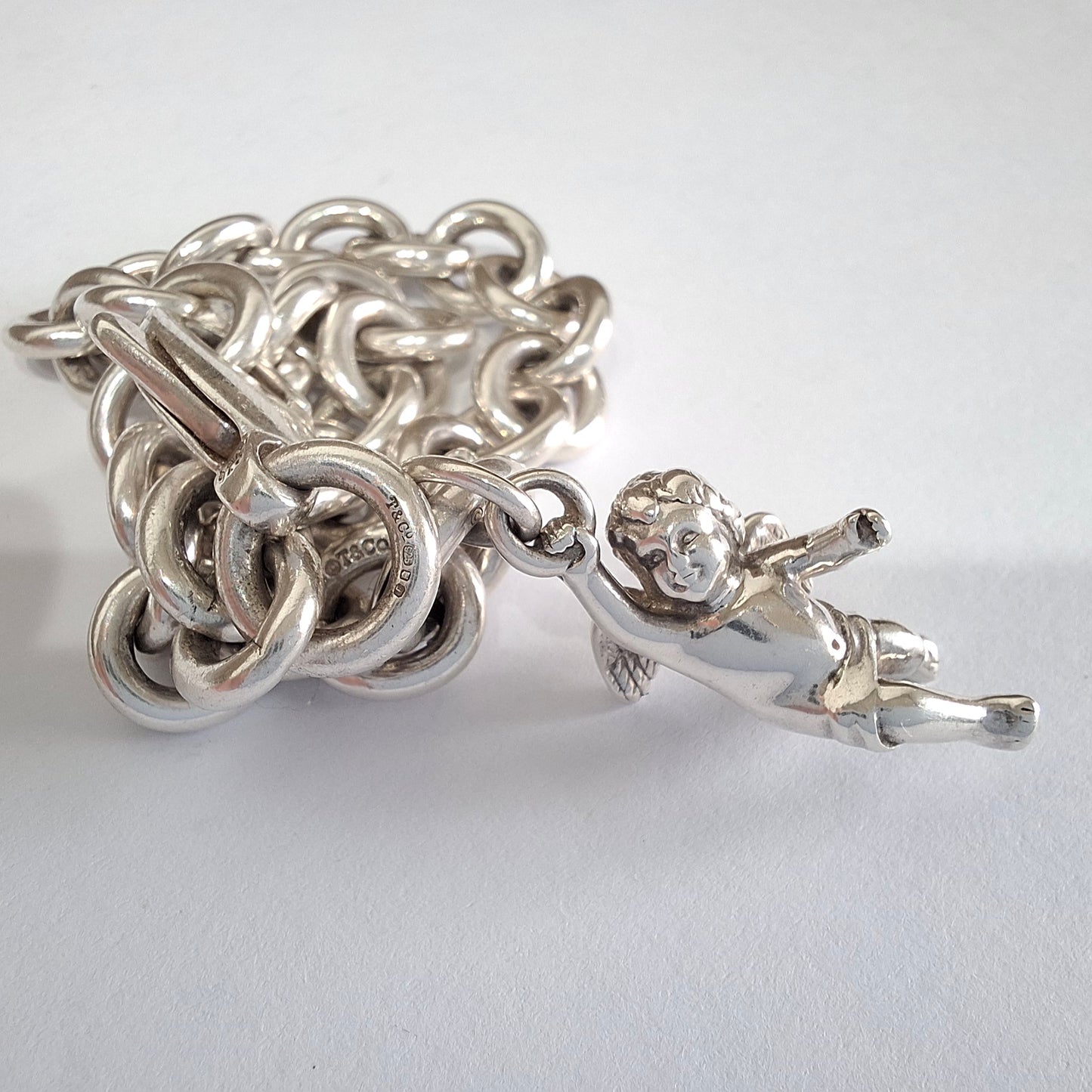 Vintage Tiffany & Co. Winged Cherub Angel Charm Bracelet in Hallmarked Sterling Silver