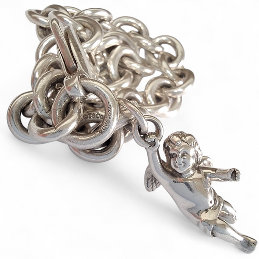 Vintage Tiffany & Co. Winged Cherub Angel Charm Bracelet in Hallmarked Sterling Silver
