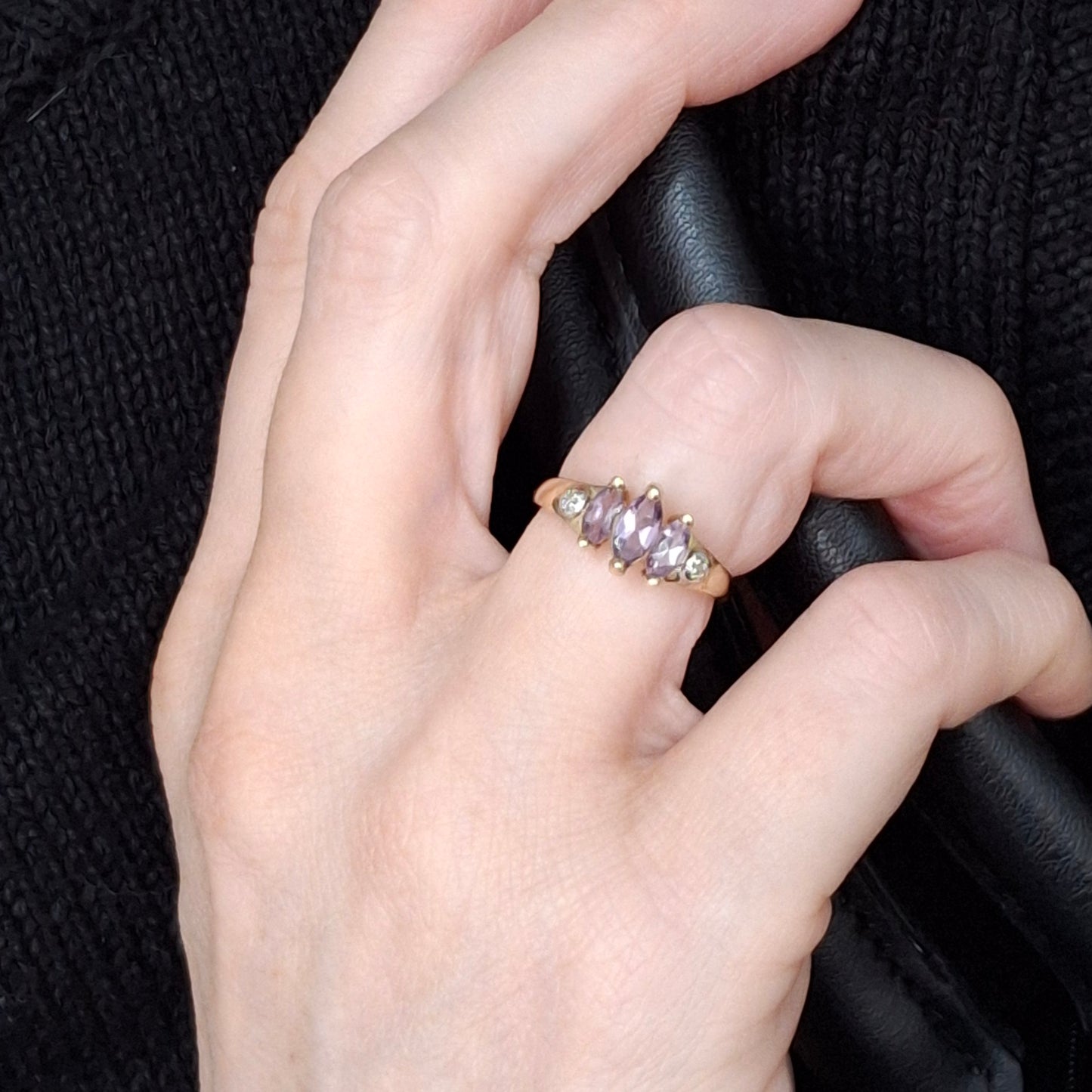 Vintage 9ct Gold Amethyst & Diamond Trilogy Ring