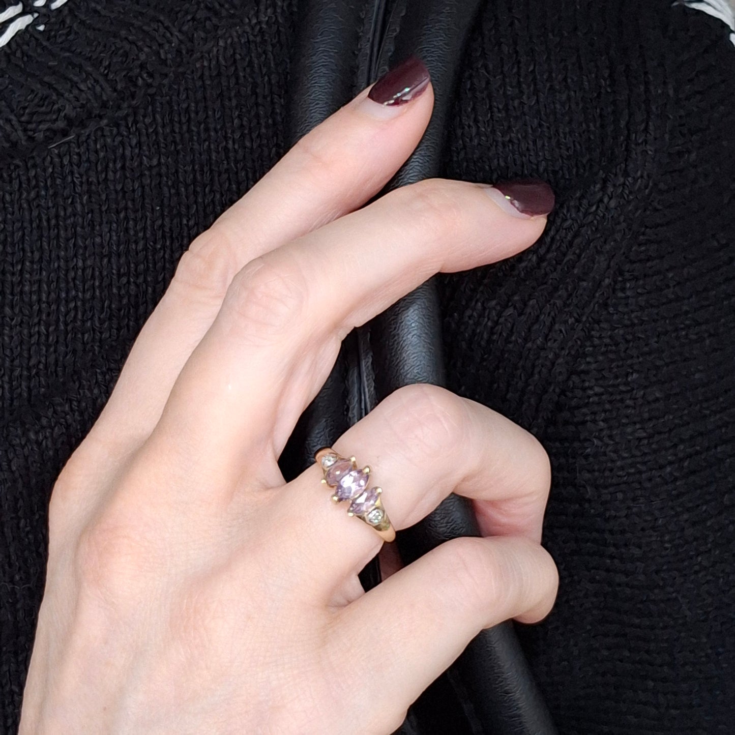 Vintage 9ct Gold Amethyst & Diamond Trilogy Ring