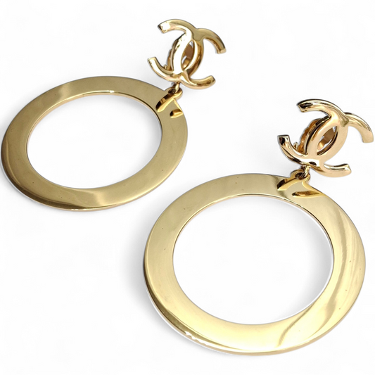 Vintage Chanel CC Logo Gold Plated Hoop Statement Earrings