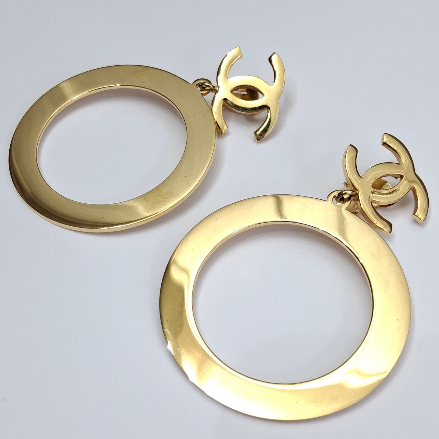 Vintage Chanel CC Logo Gold Plated Hoop Statement Earrings