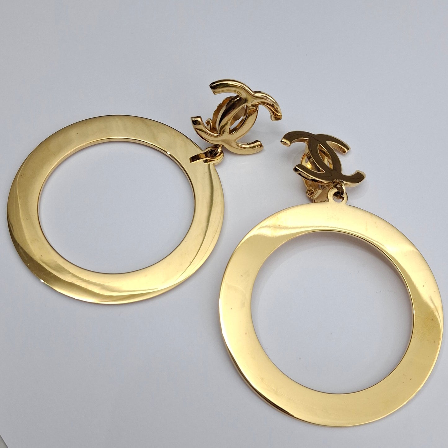 Vintage Chanel CC Logo Gold Plated Hoop Statement Earrings