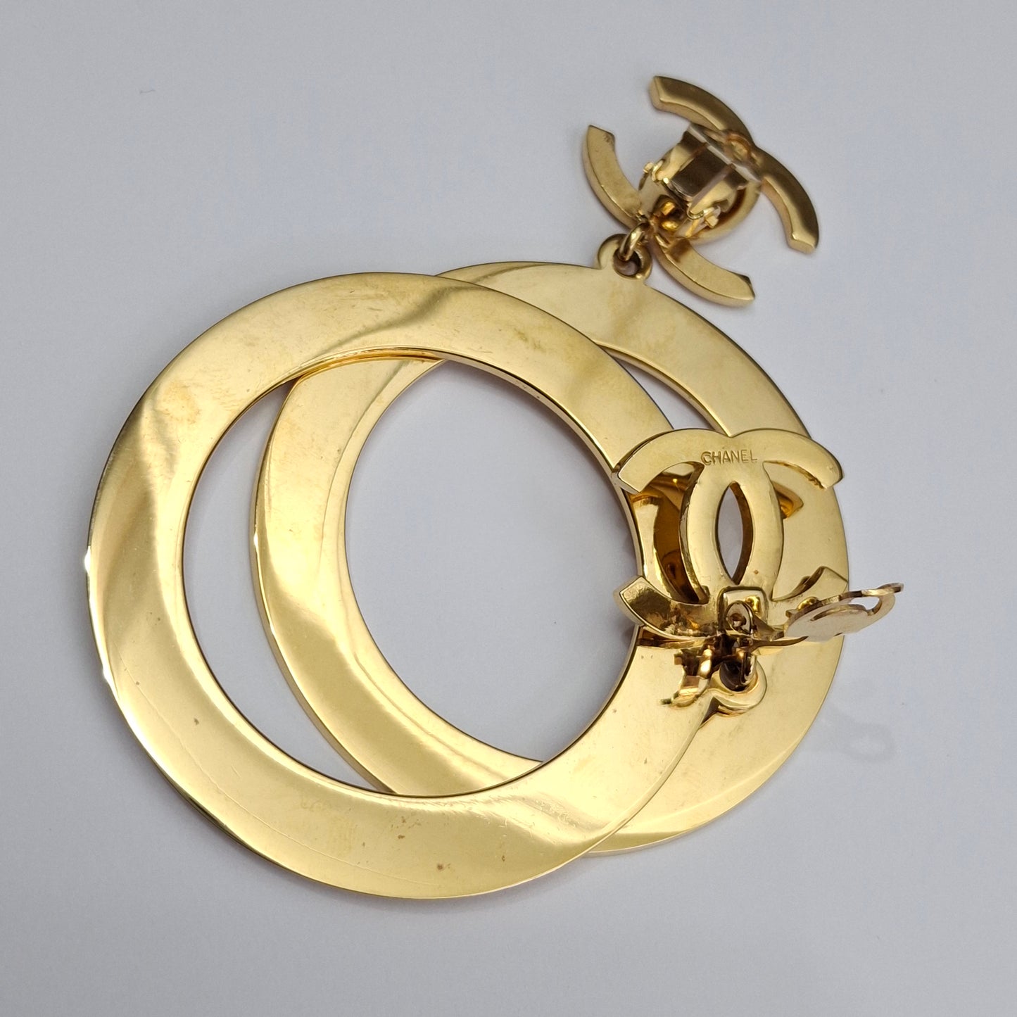 Vintage Chanel CC Logo Gold Plated Hoop Statement Earrings