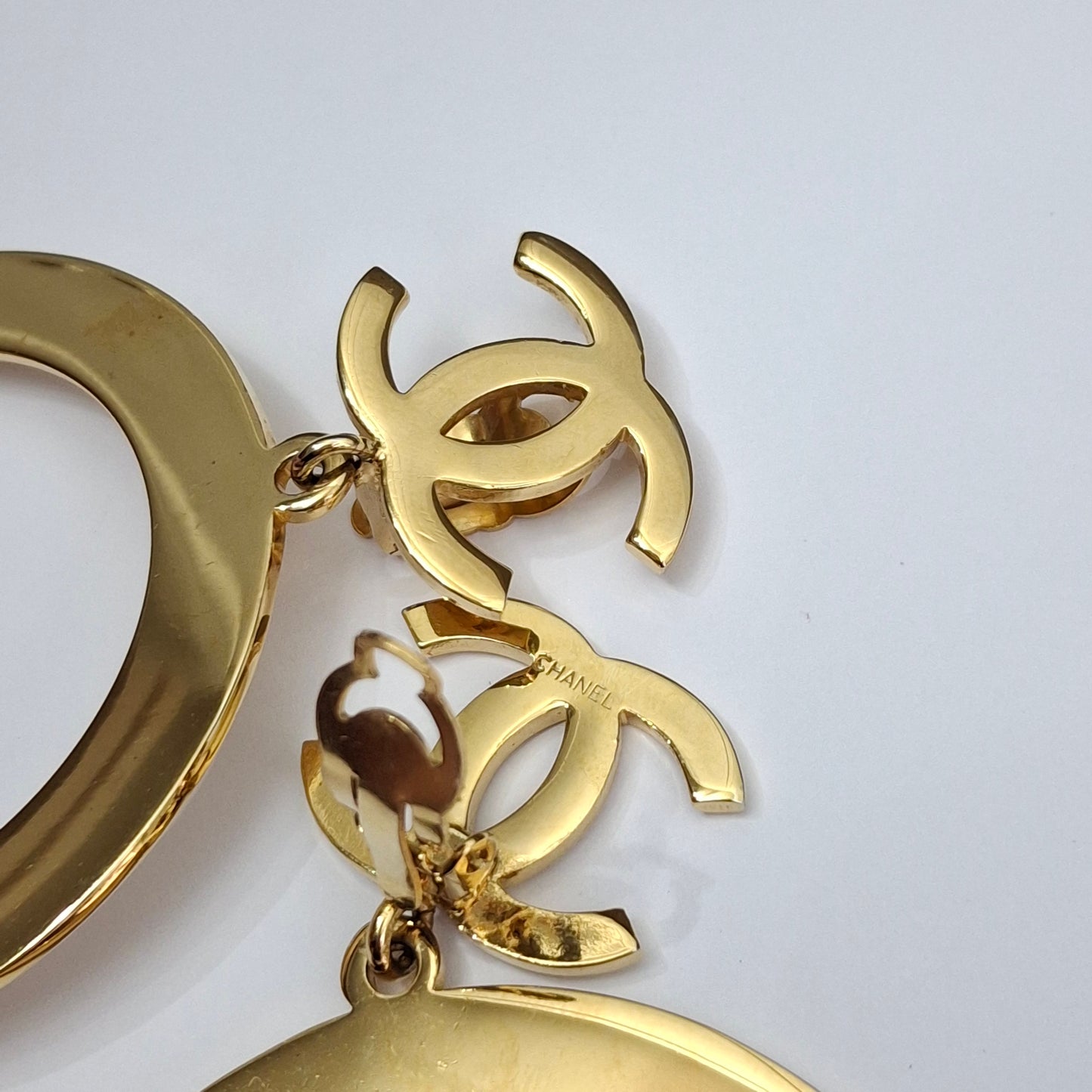 Vintage Chanel CC Logo Gold Plated Hoop Statement Earrings
