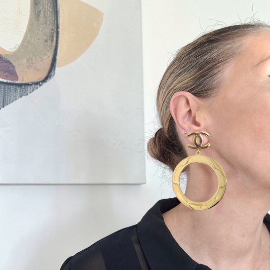 Vintage Chanel CC Logo Gold Plated Hoop Statement Earrings