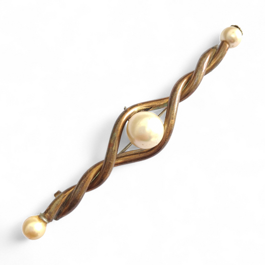 Vintage 1961 Chanel Pearl & Gilt Metal Lapel Pin / Bar Brooch