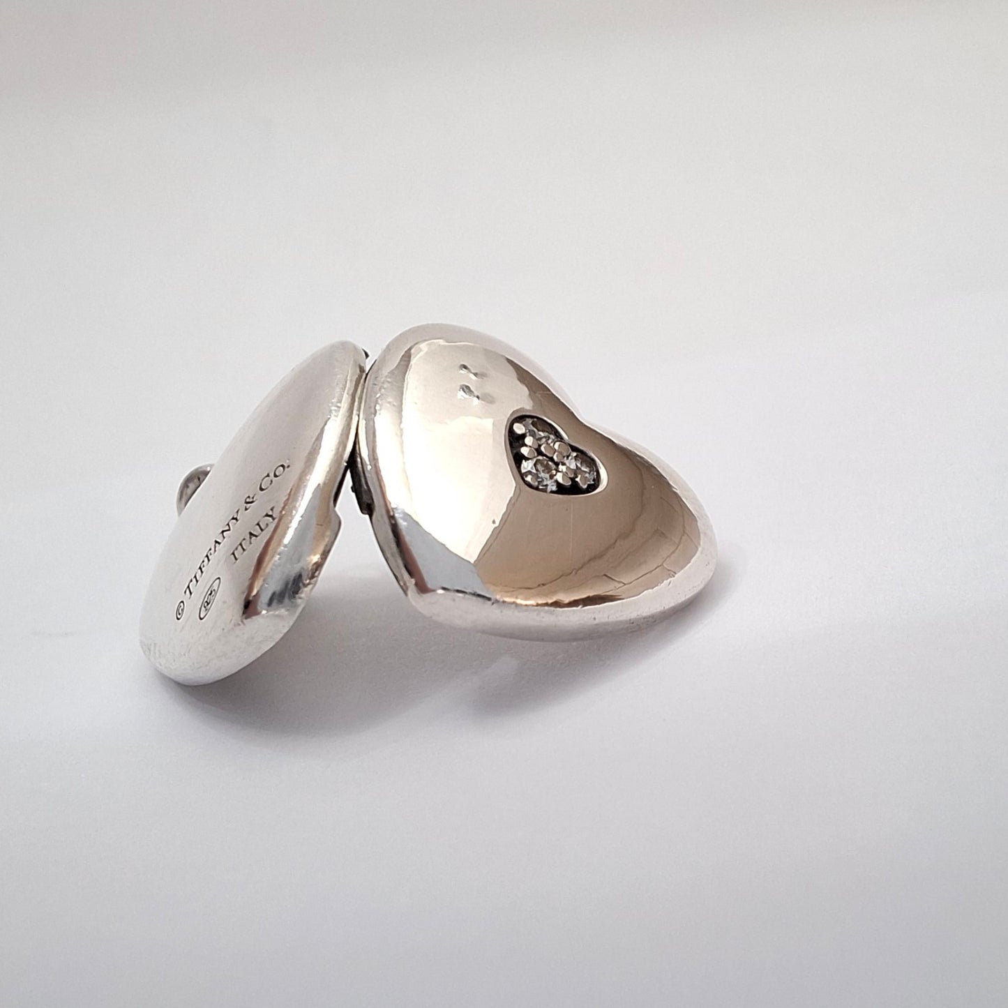 Vintage Tiffany & Co Triple Diamond   Heart Locket Charm in Sterling Silver