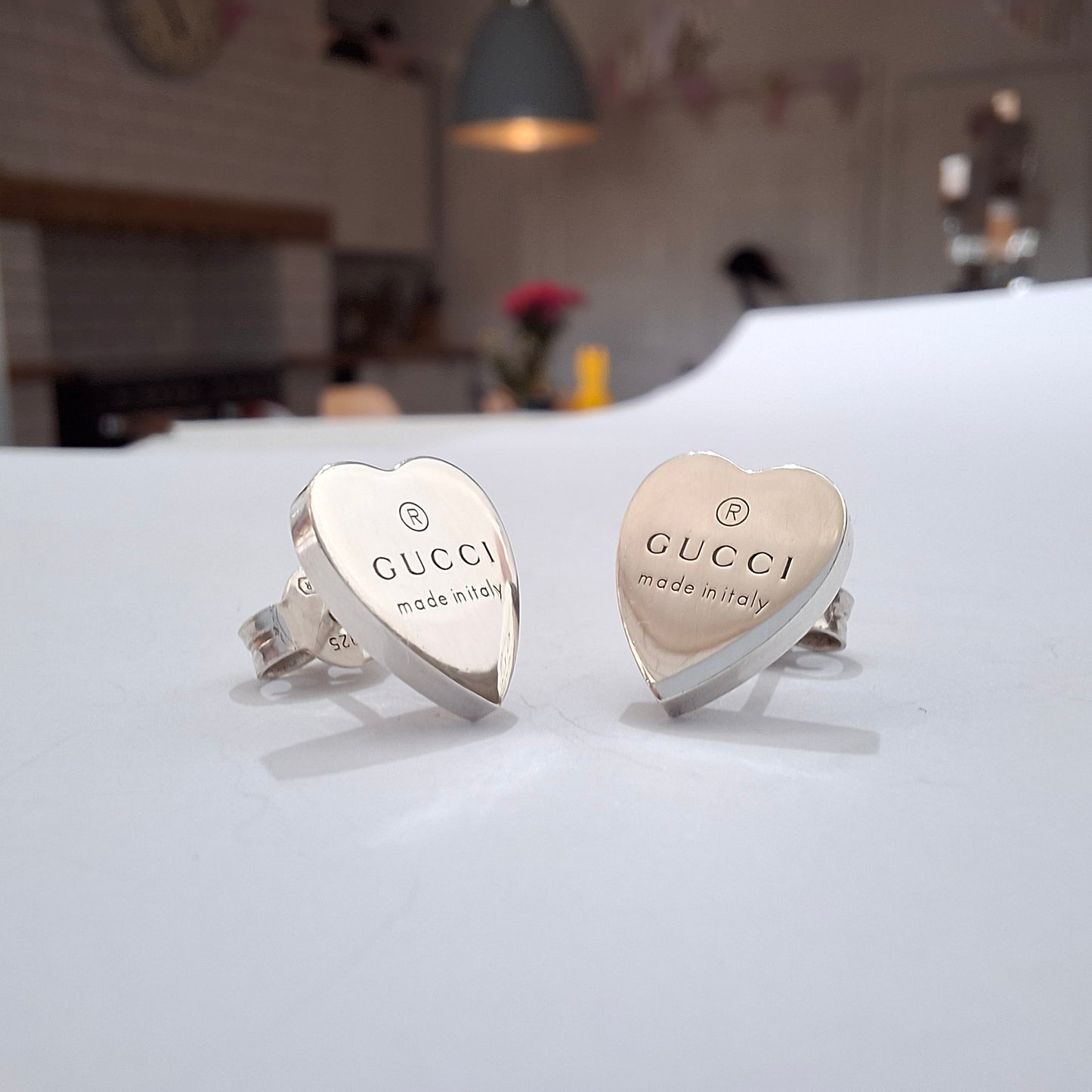 Silver Gucci Trademark Heart Stud Earrings