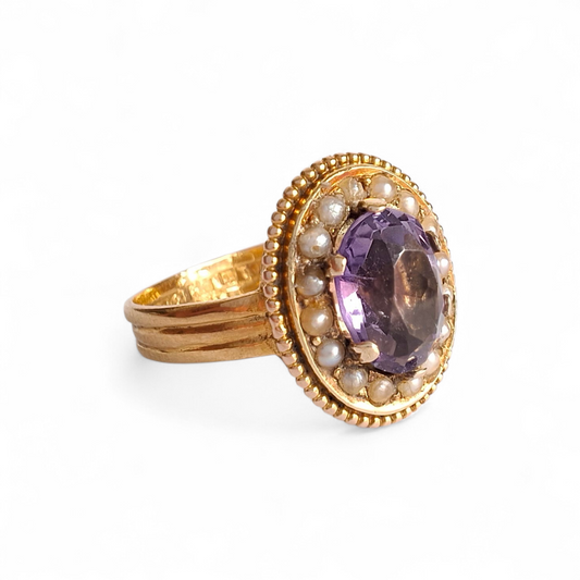 Antique Victorian Amethyst & Seed Pearl 22ct Gold Ring