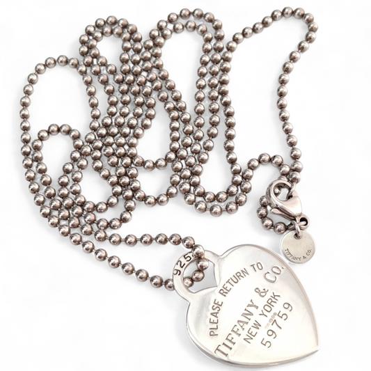 Original Vintage Return to Tiffany & Co Long Beaded Necklace with Large Heart Tag Charm